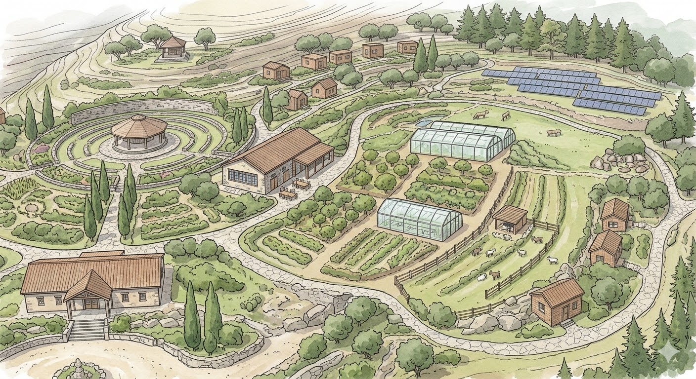 Earth zone — gardens, growing spaces, and grounded structures for food cultivation and sustainable land stewardship